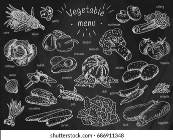 Vegan food, vegetable menu, garlic, mushroom, tomato, cucumber, pepper, corn, carrot, potato, broccoli, avocado, radish, chili, pumpkin, eggplant, celery, onion, cabbage, leek, pea,  chalkboard 