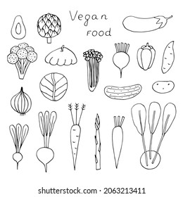 Veganisches Lebensmittelgemüse, Vektorgrafik, handgezeichnete Doodles