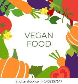 Vegan food. Vegetables sketch menu frame. Hand drawn color vector design template. Organic healthy market. Fresh tomato, eggplant, cucumber, pumpkin, carrot, and chili pepper. Salad ingredients