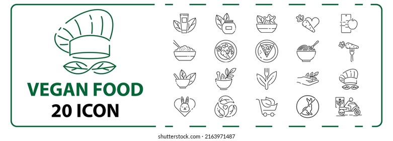 Vegan food and vegetarian salads Well-crafted Vector Thin Line Icons set. Grid for Web Graphics and Apps. Simple Minimal Pictogram