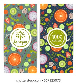 Vegan food vertical flyers set vector illustration. Fruits and vegetables, radishes, carrots, onions, orange, strawberry, mushroom, kiwi, gooseberry. Vegetarian organic natural food, healthy lifestyle