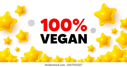 Vegan food winner banner with 3d stars. Golden stars banner. 100 percent vegan tag. Organic bio food sign. Vegetarian product symbol. Review rate background. Vector