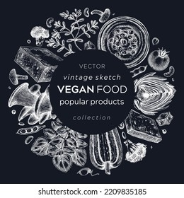 Vegan food wreath on chalkboard. Healthy food banner template. Middle eastern cuisine card. Hand-drawn vegan meals and ingredients for menu, recipe, and packaging vintage design. Vegan food sketches 