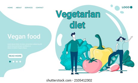 Vegan food.Vegetarian diet.People are developing a healthy nutrition system.Illustration in the style of a landing page in green.