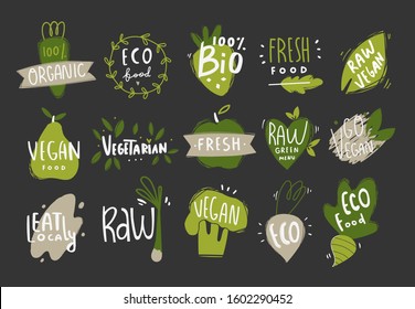 Vegan, fresh, bio, raw, eco, organic and healthy logos and icons, labels, tags, badges. Hand drawn vector set of fruits and vegetables. Chalkboard style. Flat design. Everything is isolated