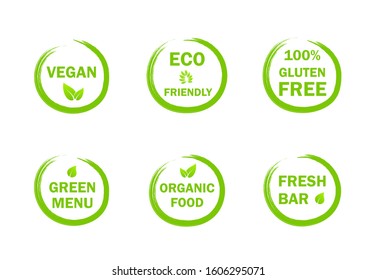Vegan fresh organic food labels. Vector set of healthy eco friendly gluten free product logo. Green bio farm premium natural meal badges leaves emblems for vegan banner, emblem, stickers