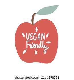 Vegan friendly apple, poster, clip art, eco lifestyle, isolated on white background, hand written typography