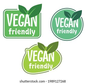 Vegan Friendly - food products labeling stamp with non-meat composition - isolated vector emblem in 3 variations