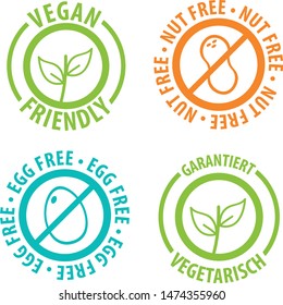 Vegan Friendly Icon Badge Design. Nut Free and Egg Free Bagdes.