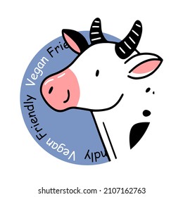 Vegan friendly icon with cute cow in doodle style. Vegan sticker. Vector isolated illustration.