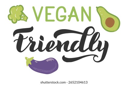 Letras vegan friendly promovendo um estilo de vida saudável, com ícones vibrantes de abacate, brócolis e berinjela, tudo definido contra um fundo branco limpo