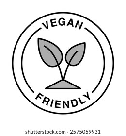 Vegan Friendly. Plant-Based, Eco-Conscious, Ethical Product Badge. Vector Editable Stroke Icon.