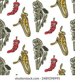 Vegan friendly seamless pattern with Single line drawing of organic vegetables in retro boho style. Broccoli, corn cob, chili pepper drawings. Vegan food concept isolated on white background.
