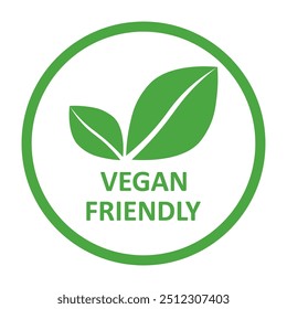 Icono de Vector amigable vegano. Orgánico, bio, eco símbolo. Vegano, sin carne, sin lactosa, comida saludable, fresca y no violenta. Ilustración vectorial verde redonda con hojas para pegatinas, etiquetas, Web y logotipos.
