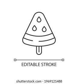 Vegan frozen treat linear icon. Watermelon on stick. Popsicles. Non-cow milk ingredients. Thin line customizable illustration. Contour symbol. Vector isolated outline drawing. Editable stroke