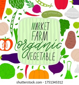 Vegan fruit and vegetable market background. Design farm natural vitamin. Vector illustration.