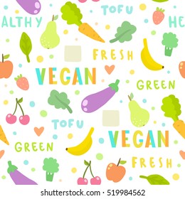 Vegan, fruits and vegetables. Seamless pattern. Vector hand drawn illustration