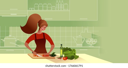 Vegan Girl with knife is chopping vegetables for a salad or borsch in the kitchen. Flat graphic vector illustration.