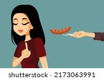Vegan Girl Saying No to Meat Consumption Vector Cartoon Illustration. Eco-friendly person refusing pork sausage adopting a vegan lifestyle

