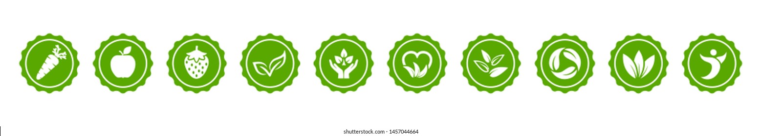 Vegan green bio button icons set with carrot, apple, strawberry and leaves sign – stock vector