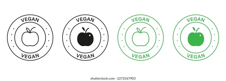 Vegan Green and Black Stamp Set. Vegetarian Food Labels. Organic Product for Vegan Symbol. Natural Food for Vegetarian Sign. Bio Healthy Fresh Vegetable. Vegan Badge. Isolated Vector Illustration.