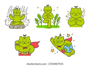 Personaje de Vector de gato verde vegano - Un gato héroe meditando en Naturaleza