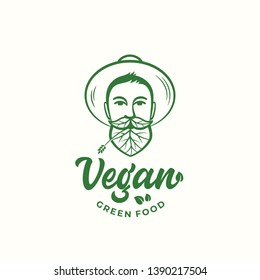 Vegan Green Food Abstract Vector Sign, Symbol or Logo Template. Young Man in Gardener Hat. Face with Leaves Incorporated in Beard and Moustache. Vegetarian Emblem Hipster Concept. Isolated.