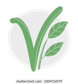 Logo verde vegano. Círculo gris. Orgánico. Vegetariano. Con hojas. Objeto aislado sobre un fondo blanco. Textura vectorial.