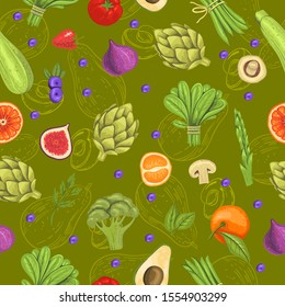 Vegan green seamless pattern with fruit and vegetables. Engraving elements on the background. Healthy food wallpaper with natural products. For organic markets, shops, wrapping paper, apparel.