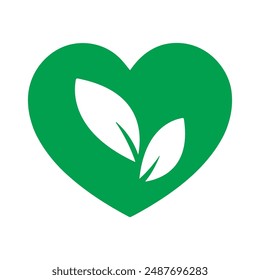 Vegan Green Vector Heart Symbol with Leaves on White Background. Organic, Bio and Ecological Icon Label. Nature Care Logo Element. 