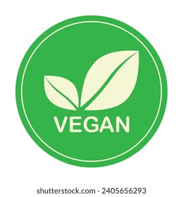 Vegan green vector icon. Organic, bio, eco symbol. Vegan, no meat, lactose free, healthy, fresh and nonviolent food. Round green vector illustration with leaves for stickers, labels, web and logos.