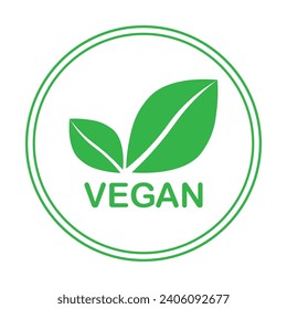 Vegan green vector icon. Organic, bio, eco symbol. Vegan, no meat, lactose free, healthy, fresh and nonviolent food. Round green vector illustration with leaves for stickers, labels, web and logos.