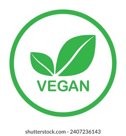 Vegan green vector icon. Organic, bio, eco symbol. Vegan, no meat, lactose free, healthy, fresh and nonviolent food. Round green vector illustration with leaves for stickers, labels, web and logos.