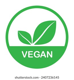 Vegan green vector icon. Organic, bio, eco symbol. Vegan, no meat, lactose free, healthy, fresh and nonviolent food. Round green vector illustration with leaves for stickers, labels, web and logos.