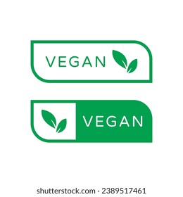 Vegan green vector labels with leaves on white background. Organic, bio and  vegetarian symbol. Meat free, eco, lactose free, healthy, fresh and non violent food.