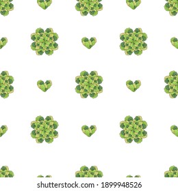 Vegan green vector seamless pattern with plants in the shape of a heart and bunches of greens.