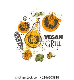 Vegan grill concept design. Barbeque. Organic food. Hand drawn vector illustration. Can be used for menu, farmers market, shop, bbq, truck, restaurant, cafe, bar, poster, label, sticker, logo.