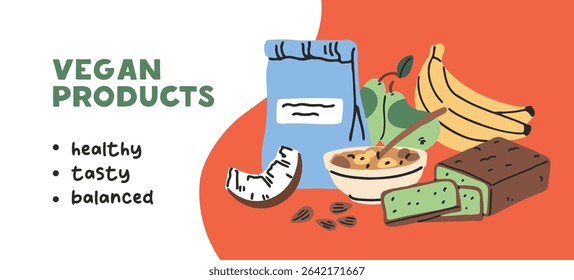 Vegan grocery product banner design. Advertising layout of vegetarian eating store. Template with farm food, organic fruit, natural cereal, green bread for healthy nutrition. Flat vector illustration