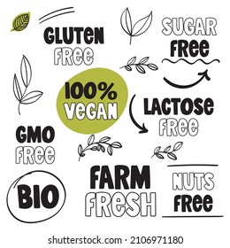 Vegan Hand drawn illustration. Doodle sketch free gluten, sugar, gmo, nuts and lactose.