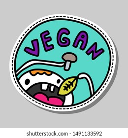 Vegan hand drawn vector illustration in cartoon style hungry man eating leave and mushroom sticker logo pin