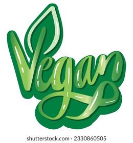 Vegan hand lettering. Vegan word, Label With green leaves 