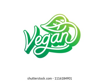 Vegan hand made lettering logo in original style. Hand drawn calligraphic green vegan eco template. Go Vegan vector design with line ornaments and fresh green leafs. Ready for all type of media