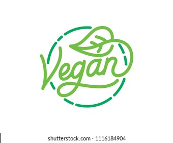 Vegan hand made lettering logo in original style. Hand drawn calligraphic green vegan eco template. Go Vegan vector design with line ornaments and fresh green leafs. Ready for all type of media