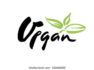 Vegan hand written calligraphy lettering with green leaf for cafe menu design. Brush lettering Element for labels, logos, badges. Vegan menu. Vector illustration.