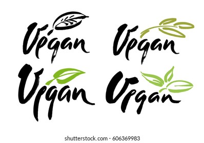 Vegan hand written calligraphy lettering with leaf for cafe menu design. Brush lettering Element for labels, logos, badges. Vegan menu. Vector illustration.