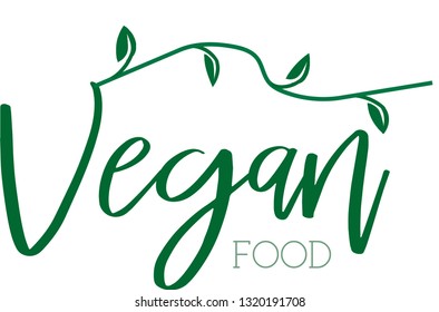 Vegan hand written word text for typography design in green color with leaf Can be used for a logo or icon