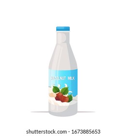 vegan hazelnut plant based milk glass bottle organic dairy free natural raw vegan milk healthy cow beverage alternative isolated vector illustration