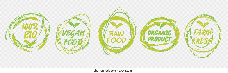 Vegan Healthy Ecology Bio Emblem Logo Design Lettering Badges with Fresh Green Leaves and Grunge Circles Icon Label Sticker Design