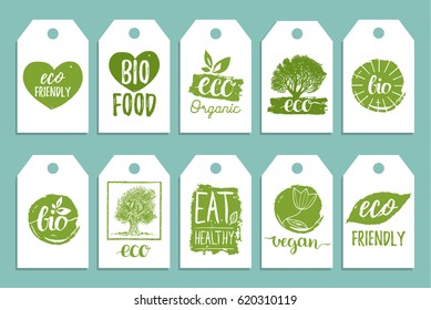 Vegan, healthy food cards or tags set for cafe, restaurant, packaging etc. Vector eco, organic, bio logos or signs with hand lettering.