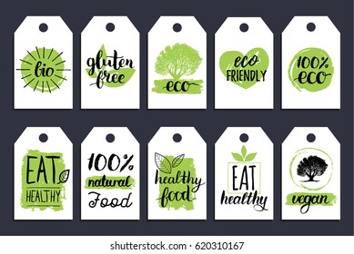 Vegan, healthy food cards or tags set for cafe, restaurant, packaging etc. Vector eco, organic, bio logos or signs with hand lettering.